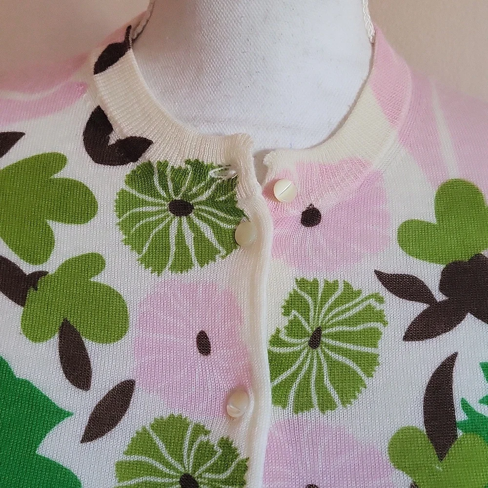 Vintage J. Crew Floral Wool Cardigan Pink Green Size Large - Picture 2 of 8